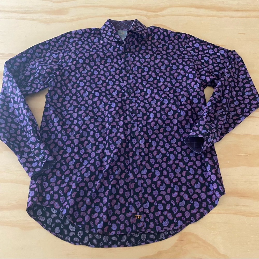 Thomas Dean Mens Cotton Flip Cuff Long Sleeve Button Front Paisley Shirt Large